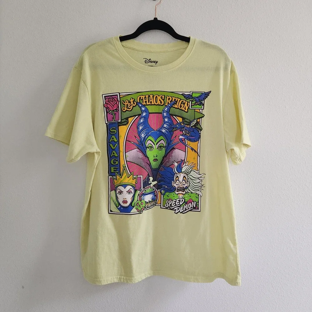 Disney Villains Let Chaos Reign Graphic Tee Yellow Maleficent Cruella XL - Picture 1 of 8